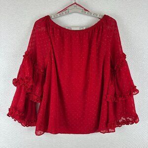SAM &JESS RED OFF THE SHOULDER BLOUSE RUFFLED SHEER SWISS-DOT SLEEVES, SIZE S